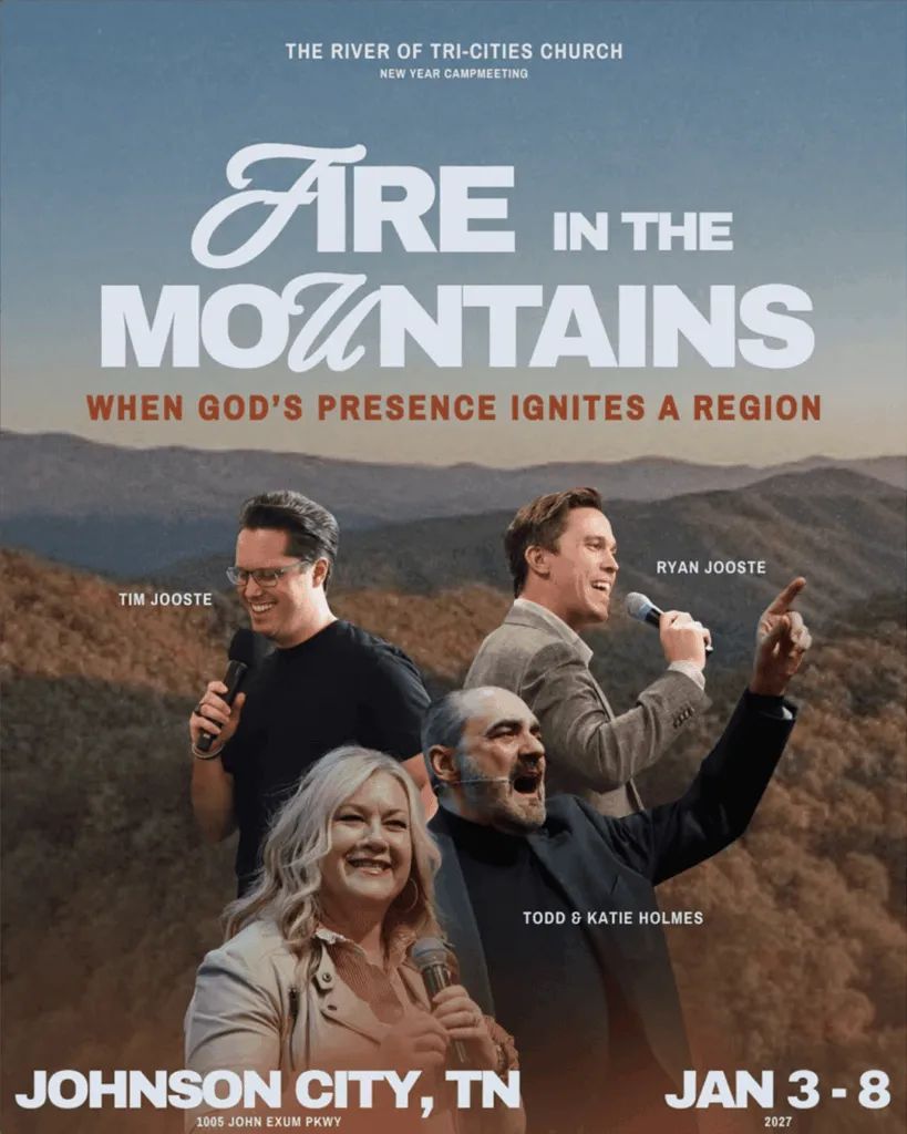 Fire in the Mountains campmeeting flyer featuring Tim Jooste, Ryan Jooste, Todd and Katie Holmes in Johnson City, Tennessee, January 3–8, 2027.