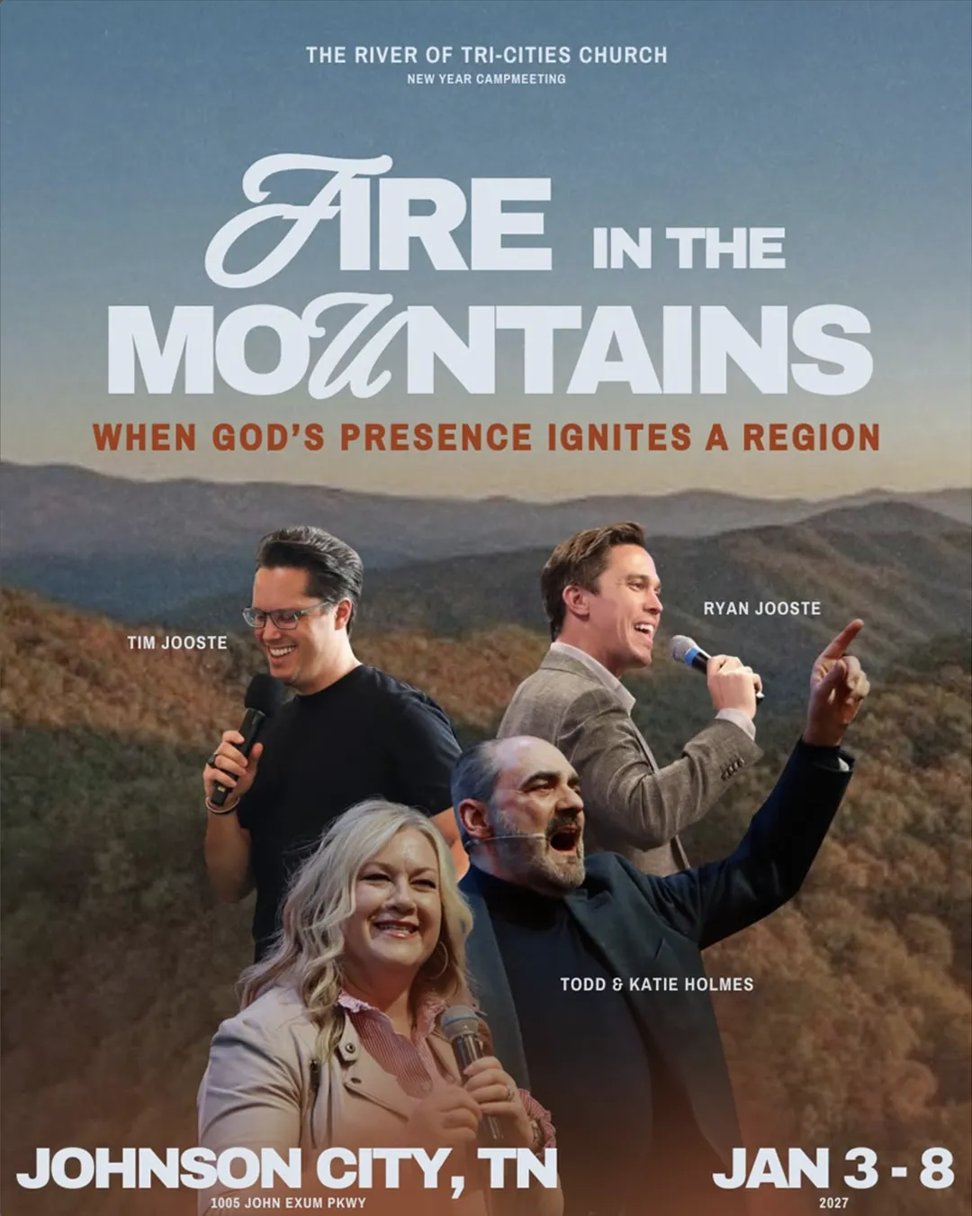 Fire in the Mountains campmeeting flyer featuring Tim Jooste, Ryan Jooste, Todd and Katie Holmes in Johnson City, Tennessee, January 3–8, 2027.