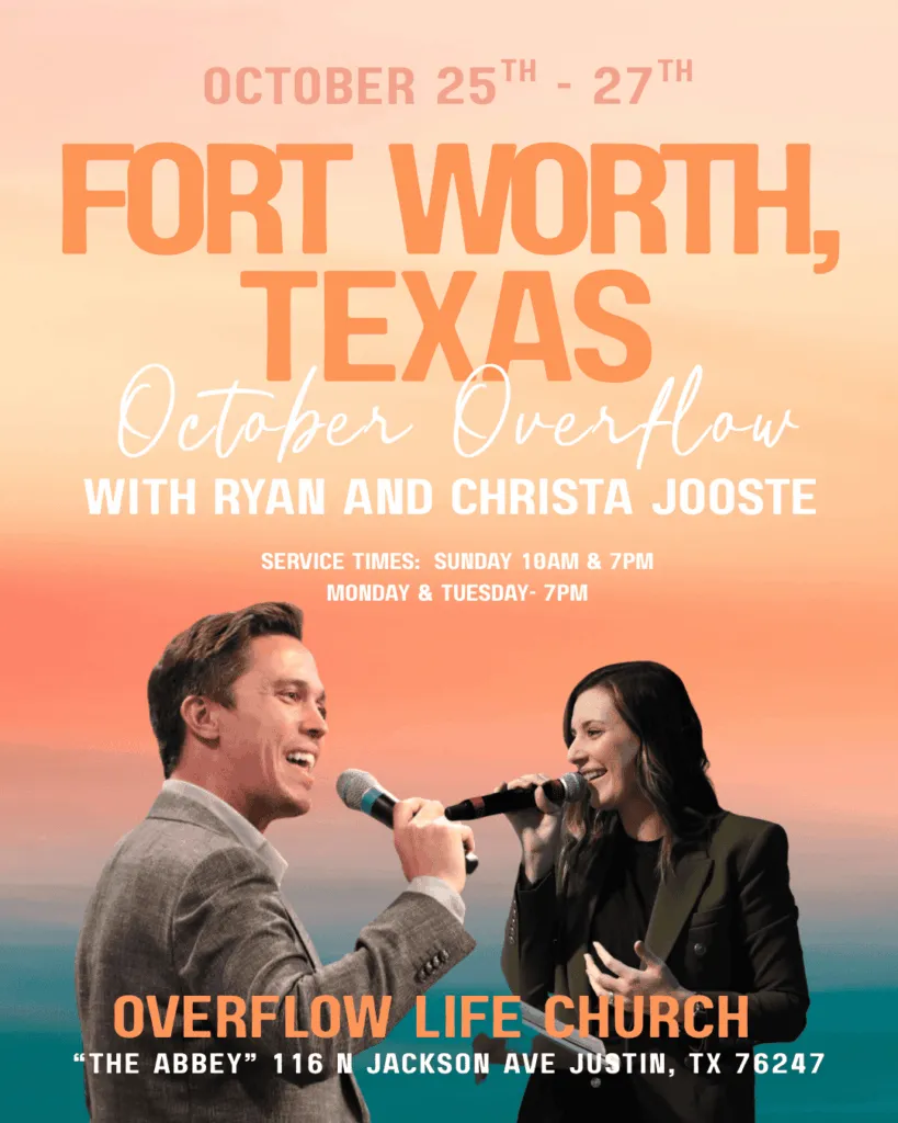October Overflow flyer featuring Ryan and Christa Jooste, October 25–27 at Overflow Life Church in Justin, Texas.