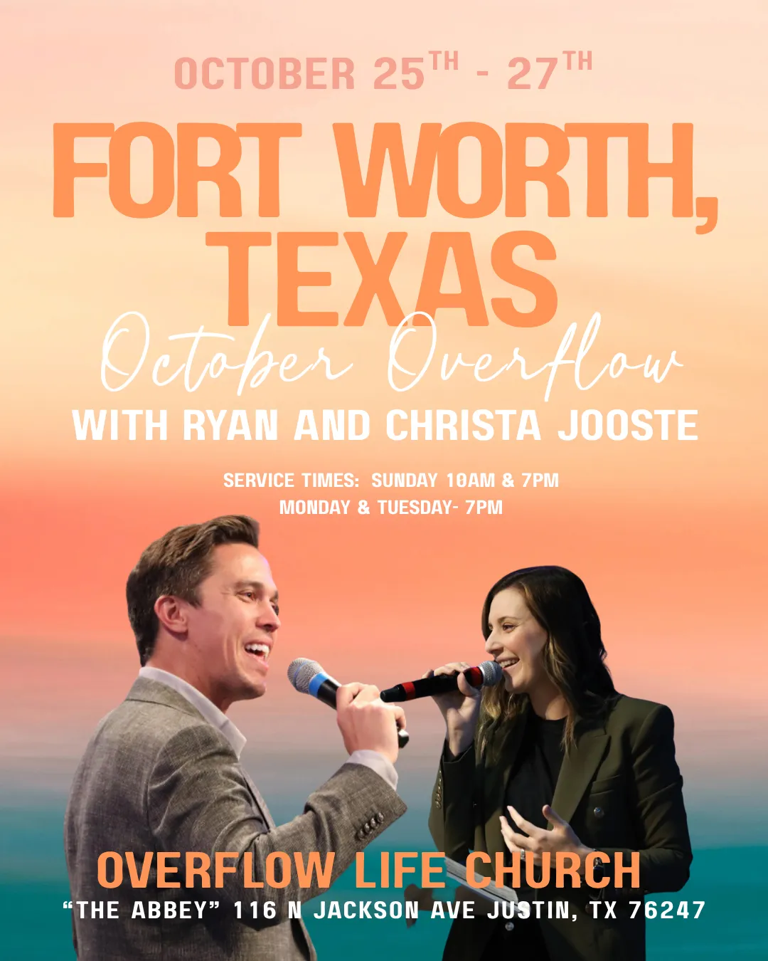 October Overflow flyer featuring Ryan and Christa Jooste, October 25–27 at Overflow Life Church in Justin, Texas.
