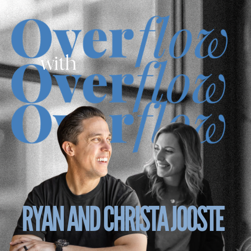 Overflow podcast cover featuring Ryan and Christa Jooste with blue lettering over a black-and-white background.