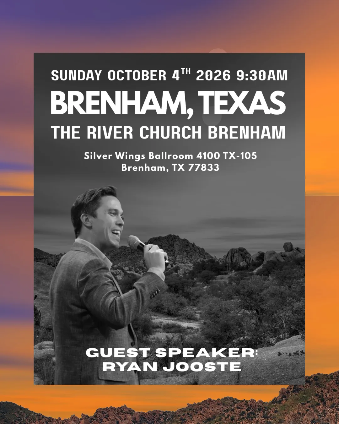 Event flyer for guest speaker Ryan Jooste at The River Church Brenham, Texas, October 4, 2026, at 9:30 am.
