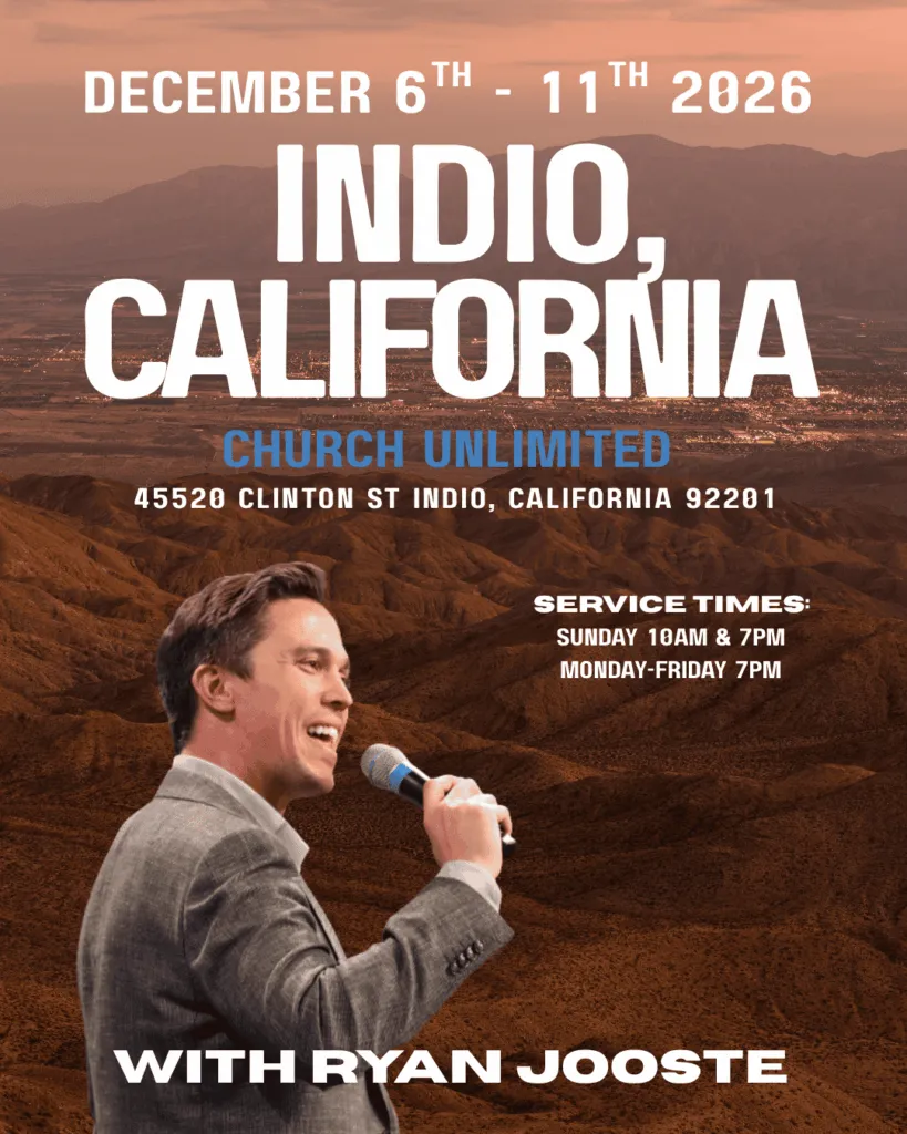 Ryan Jooste event flyer for Church Unlimited in Indio, California, December 6–11, 2026.