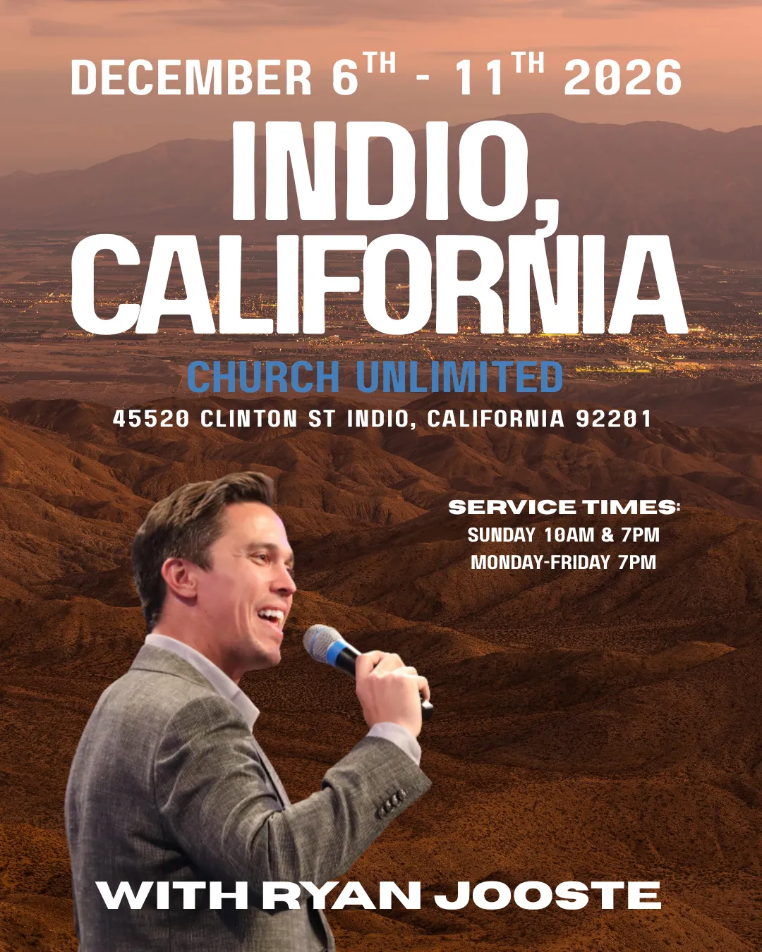 Ryan Jooste event flyer for Church Unlimited in Indio, California, December 6–11, 2026.