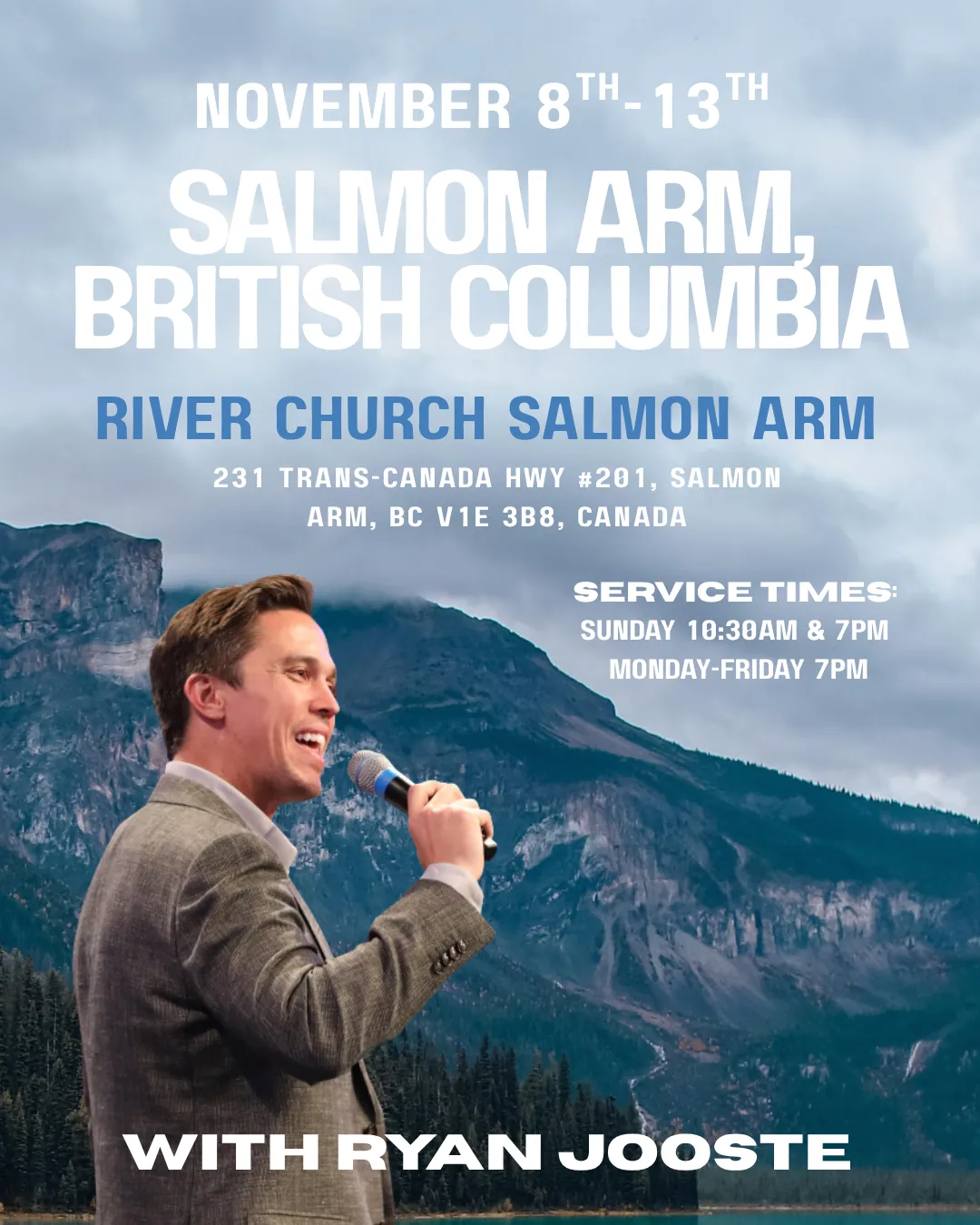 Ryan Jooste event flyer for River Church Salmon Arm, British Columbia, November 8–13.